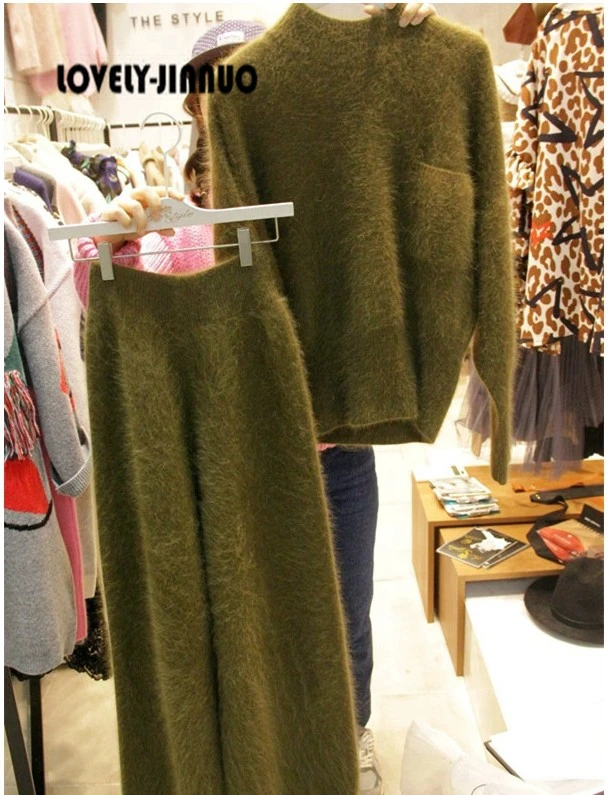 Exclusive custom Plush mink cashmere sweater set loose Elastic Waist Wide Leg Pants knitted suits JN441 | Женская одежда