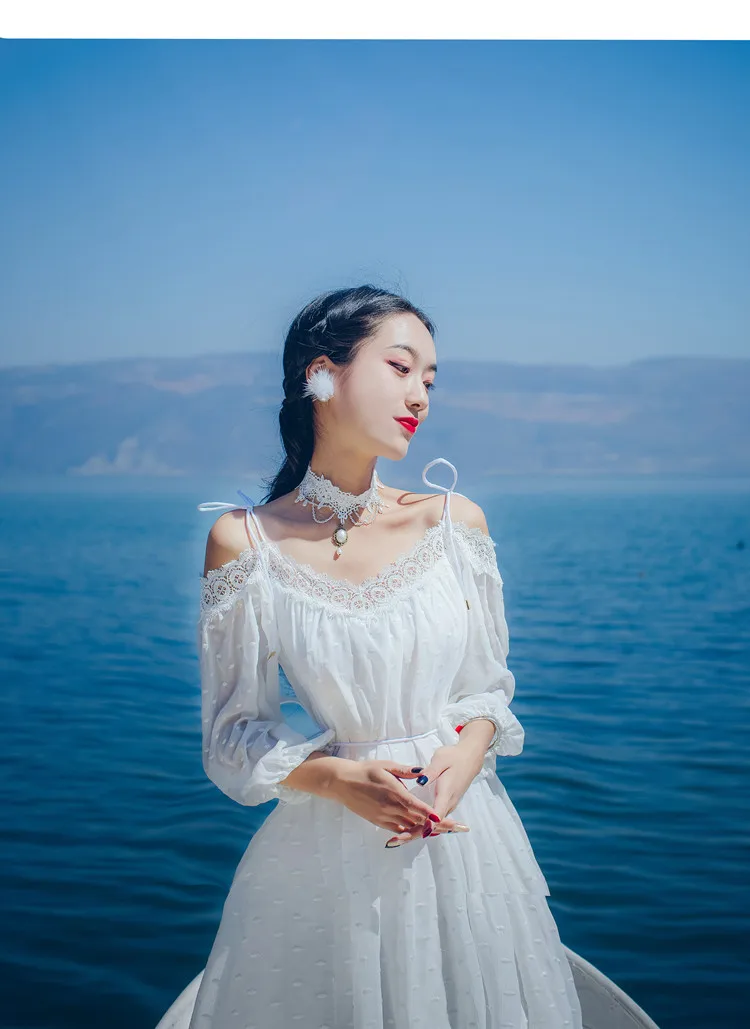 YOSIMI лето vestidos Макси кружевное длинное женское платье шифоновое белое платье Элегантное сказочное вечернее платье с открытыми плечами