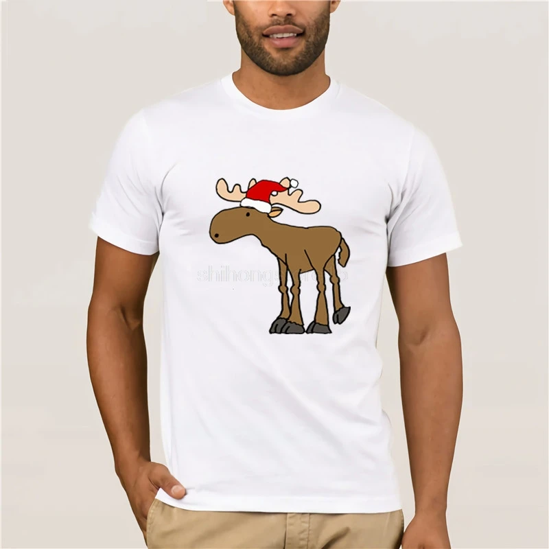 New Fashion T-shirt Men's Clothing Cute Moose wearing Santa hat Christmas Design T-Shirt Merry | Мужская одежда