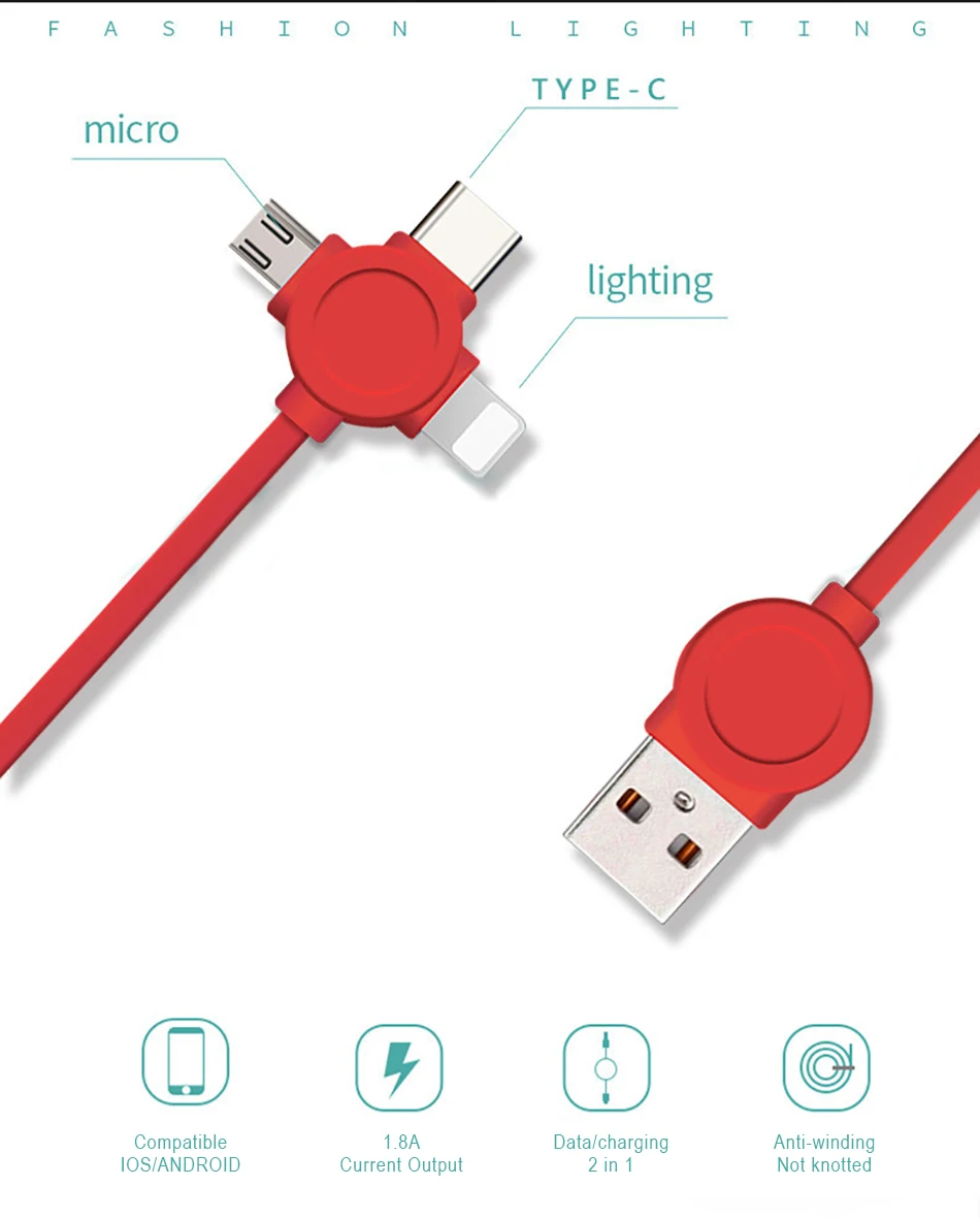 ACCEZZ TPE usb зарядный кабель освещение для iPhone X 8 Plus Micro usb type-C для Xiaomi huawei samsung 3 в 1 быстрая линия зарядного устройства