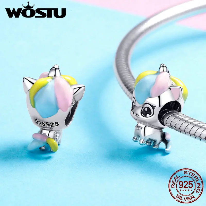 WOSTU 100% Стерлинговое Серебро 925 пробы милые бусины в виде единорога цветной шарм