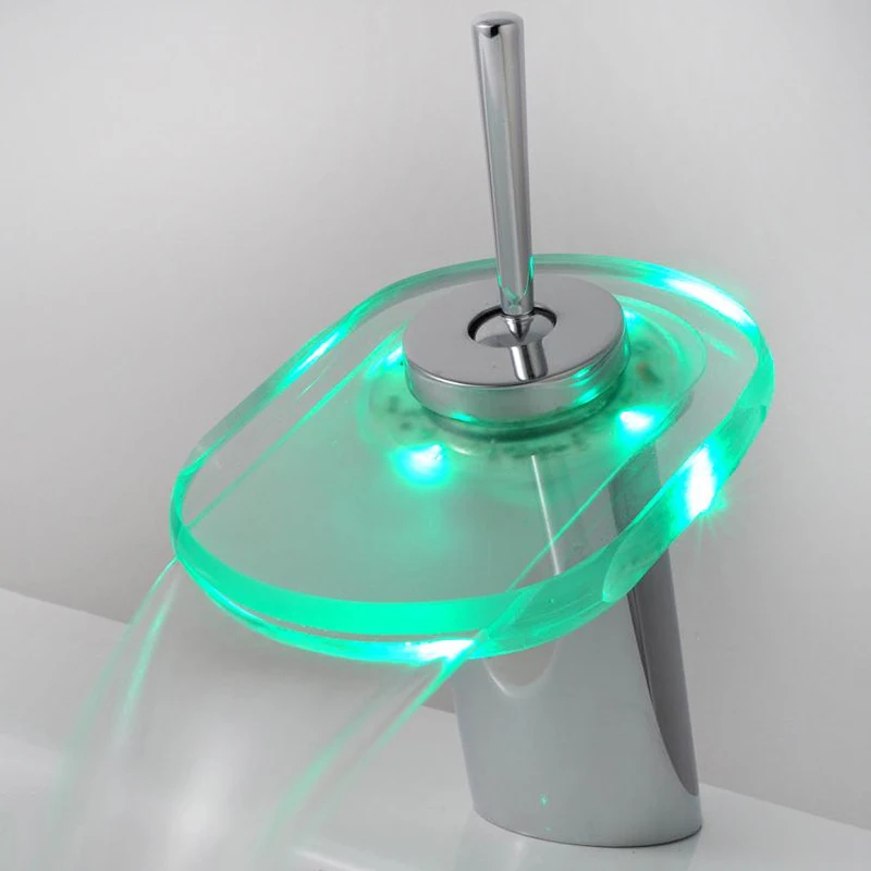 Dokorona LED Light Bathroom Waterfall Led Faucet Glass Wash Basin Mixer Tap Deck Mounted Single Handle | Обустройство дома