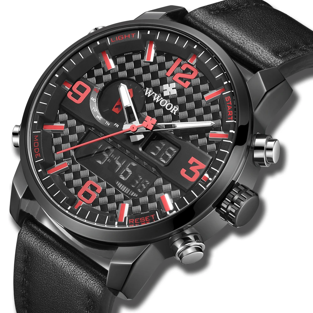 

WWOOR Top Luxury Brand Mens Sport Watches Men Quartz LED Digital Clock Male Military Waterproof Leather Watch Relogio Masculino