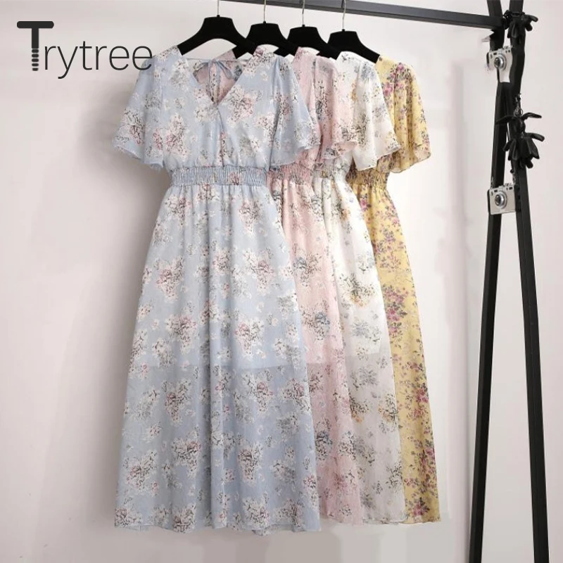 Женское платье с цветочным принтом Trytree Повседневное трапециевидной формы до