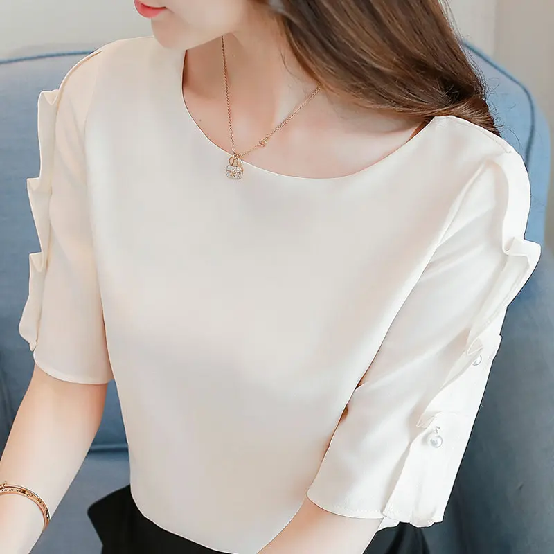 Лето Blusas Mujer 2018 женская рубашка с коротким рукавом и бисером блузка модная