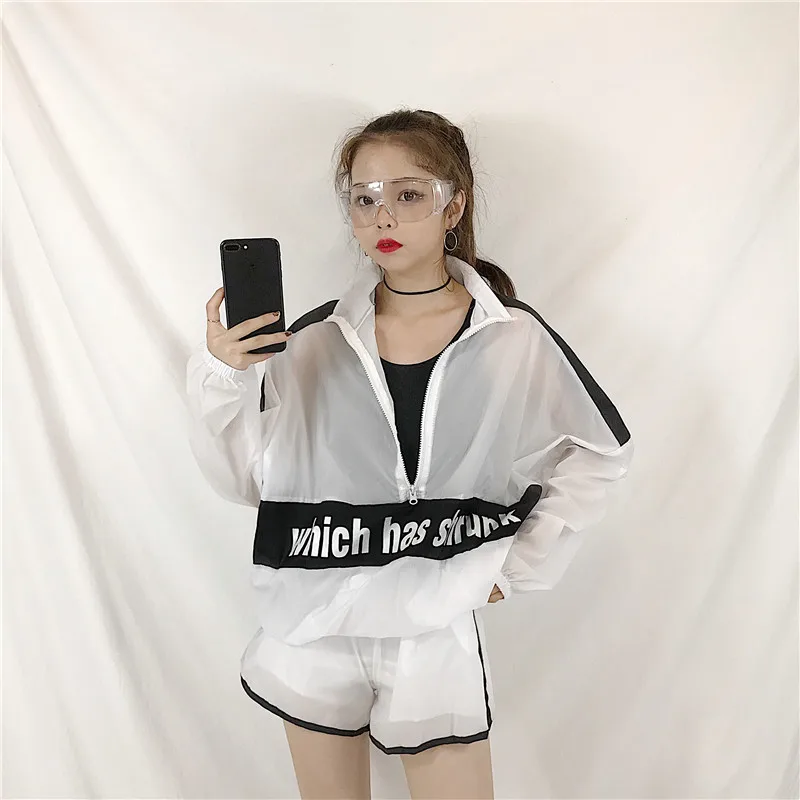 ulzzang корейский женская осенняя одежда Harajuku Свободные панелями письмо печати толстовки на молнии+ разделение шорты для женщин комплект из двух