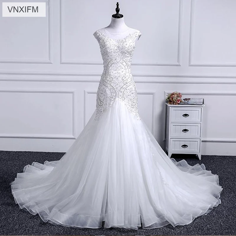 VNXIFM 2019 Luxury Beading Crystals Mermaid Wedding Dresses Sexy Sleeveless Appliques Ruched Long Bride Gowns | Свадьбы и торжества