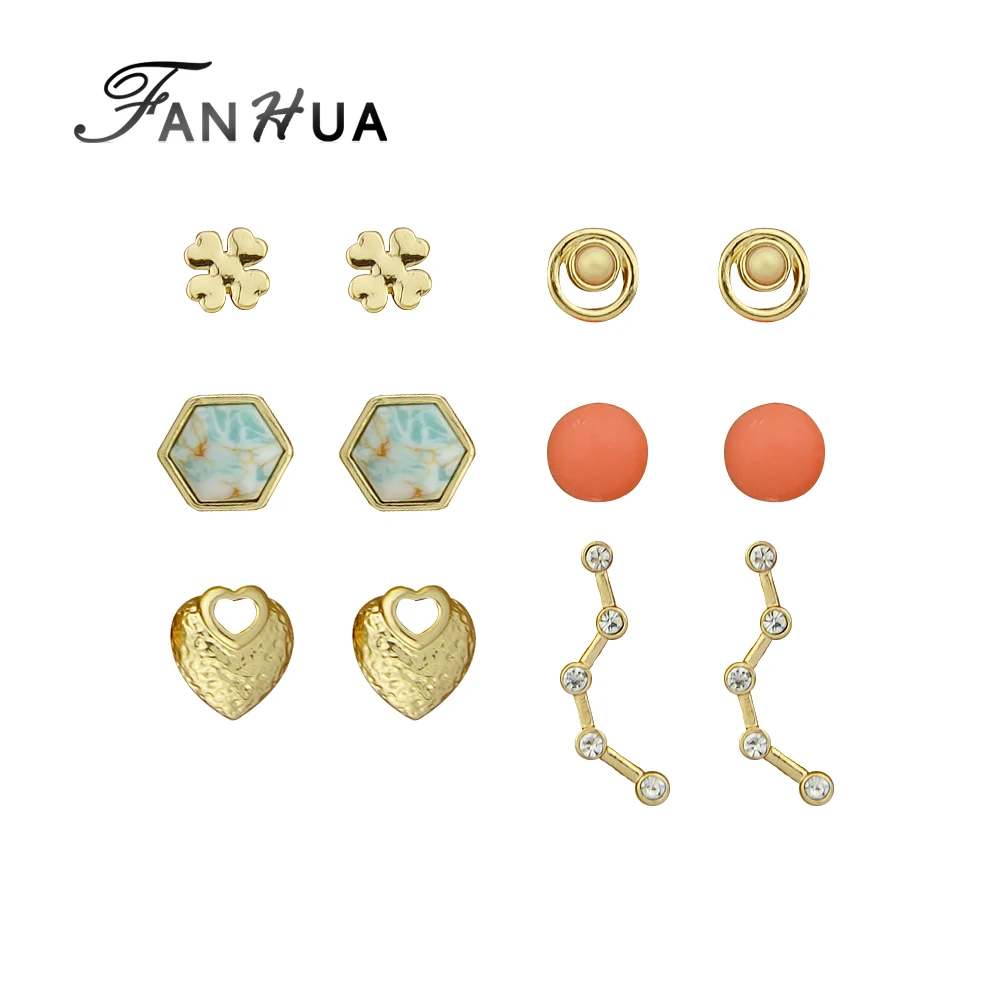 Fanhua 6 пар/компл. Этническая Стиль золото Цвет металла с белый камень горный