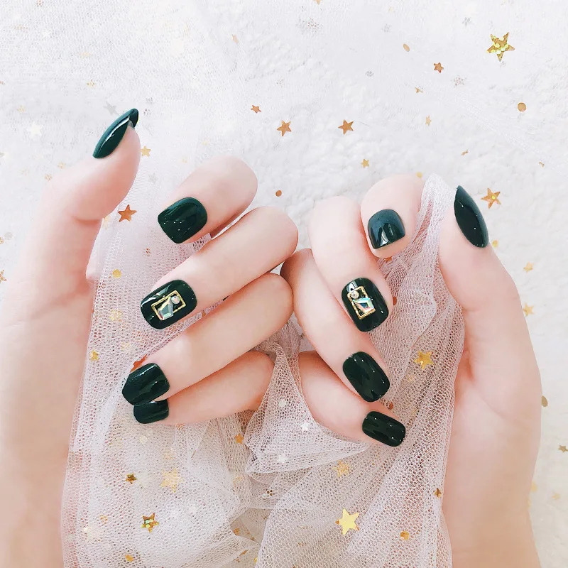 24Pcs Short Round UV Gel Fake Nails Dark Green False Nail Tips for Laday Powder Full Cover Salon Manicure Accessories^ | Красота и