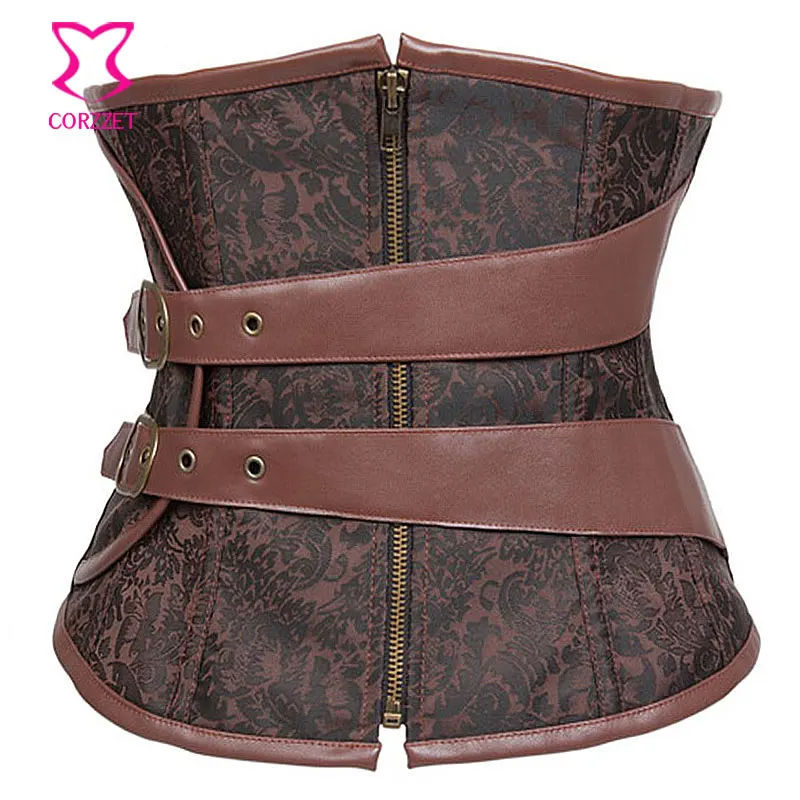 Коричневый корсет из парчовой стали с косточками комплект юбкой сексуальная