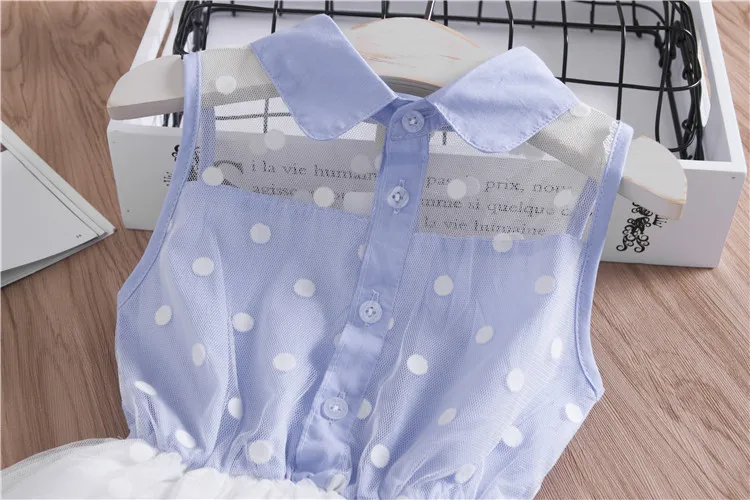 Girls Blue Dress Sleevless Dot Casual Summer Baby Multi Yarn Mesh Clothes Children Clothing | Детская одежда и обувь