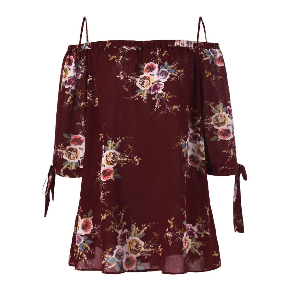 Wine XL-5XL размера плюс, модная женская шифоновая Свободная рубашка на бретелях с открытыми плечами, топы, Повседневная Блузка с коротким рукавом, летняя женская блуза - Цвет: Wine