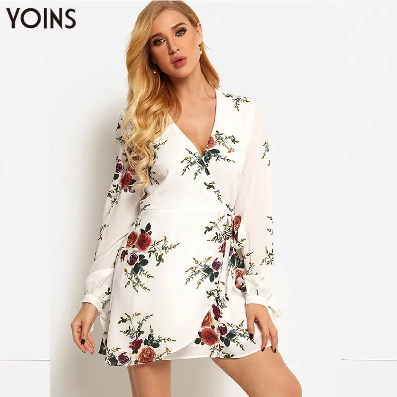 YOINS 2019 Летнее осеннее женское платье Винтажное Белое цветочное с v-образным