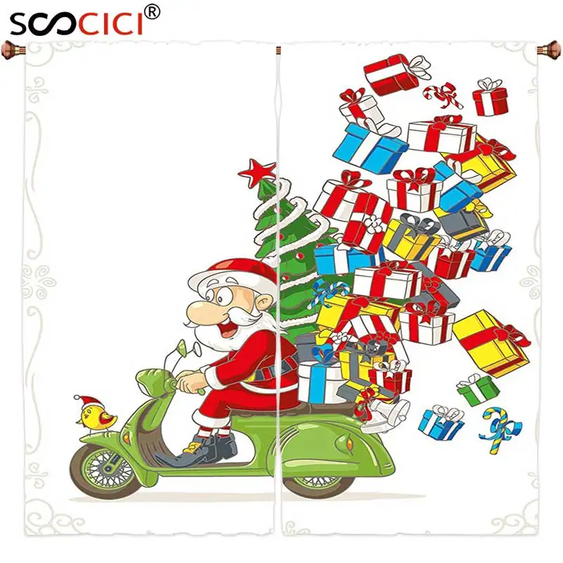 

Шторы на окна, 2 панели, Рождественский Санта на мотоцикле, скутере с елкой и подарки, Забавный мультяшный подарок для детей, Рождественская птица