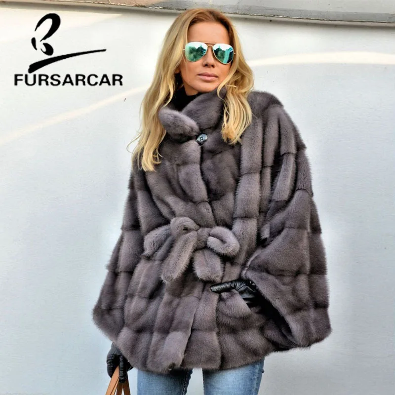 FURSARCAR Whole Pelt Real Mink Fur Coat Women Winter Bat Sleeve Coat With Hood Top Quality New Style Female Nature Mink Fur Coat