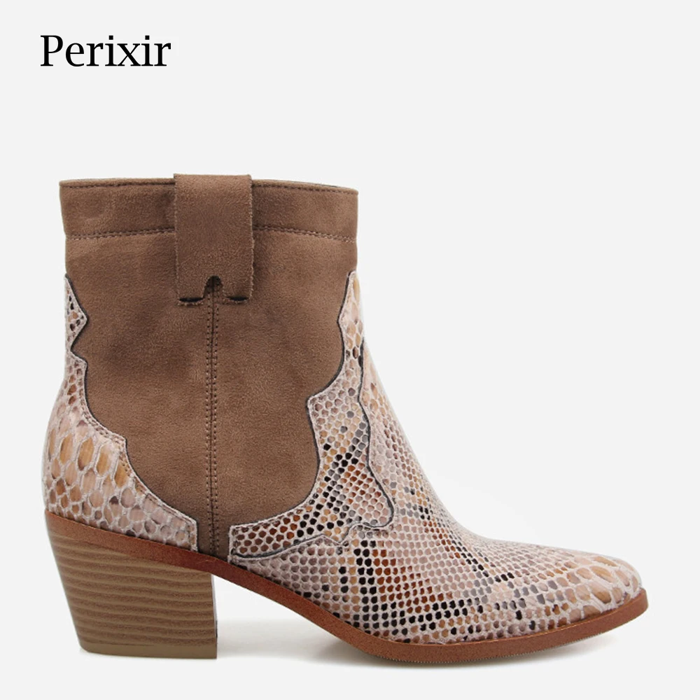 Perixir/женские ботинки на молнии со змеиным принтом Ботильоны квадратном каблуке