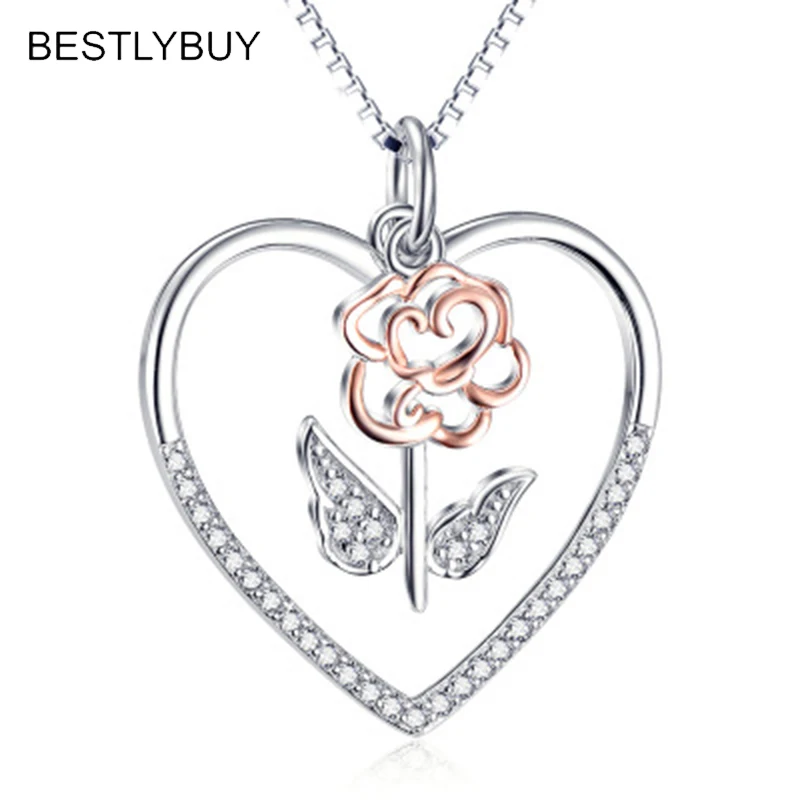 

BESTLYBUY Genuine 925 Sterling Silver Rose Flower Love Heart Pendant Necklaces Female Necklace Valentine's Day Present For Women