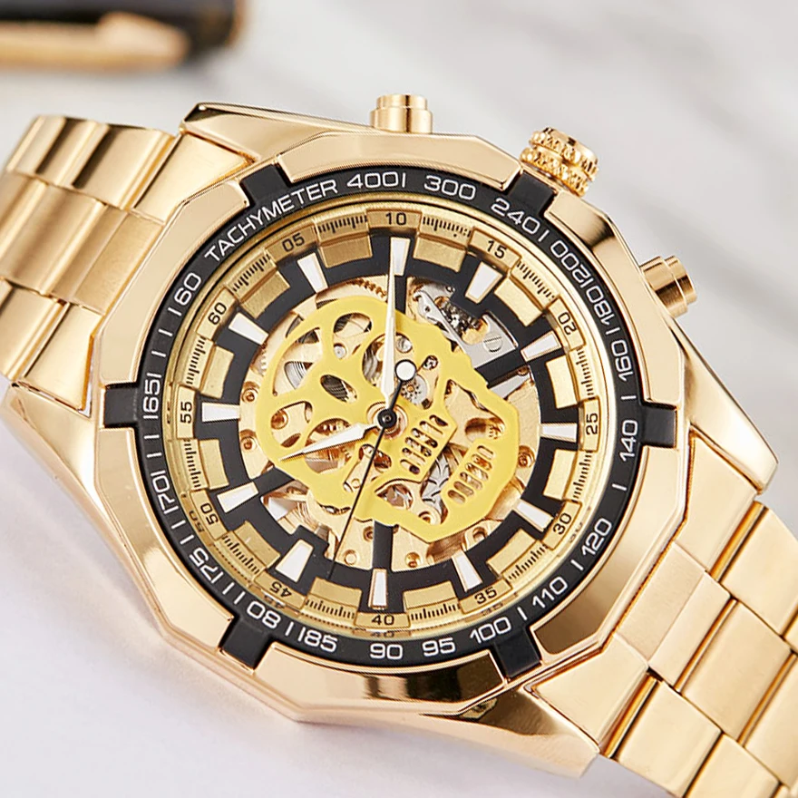 

Luxury Gold Hollow Skull Automatic Mechanical Men Watch Skeleton Steel Bracelet Self-wind Wristwatch Male Clock relogio Masculin