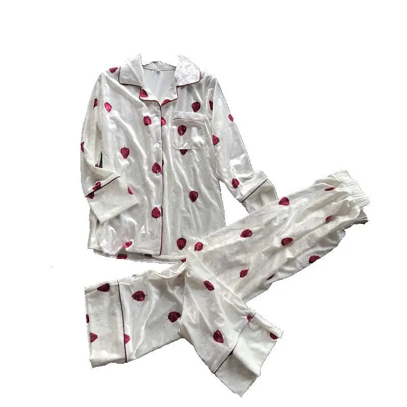 

BZEL Pajamas Sets Winter Autumn Long Sleeve Sleepwear Cartoon Strawberry Nightwear Turn-down Collar Sleep Lounge Underwear 2PCS