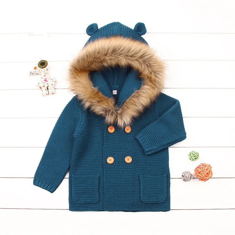 Newborn Winter Warm Baby Boys Knitted Sweater Jacket Hooded Fur Collar Infant Knitwear Cardigan Children Outwear Coat | Детская одежда