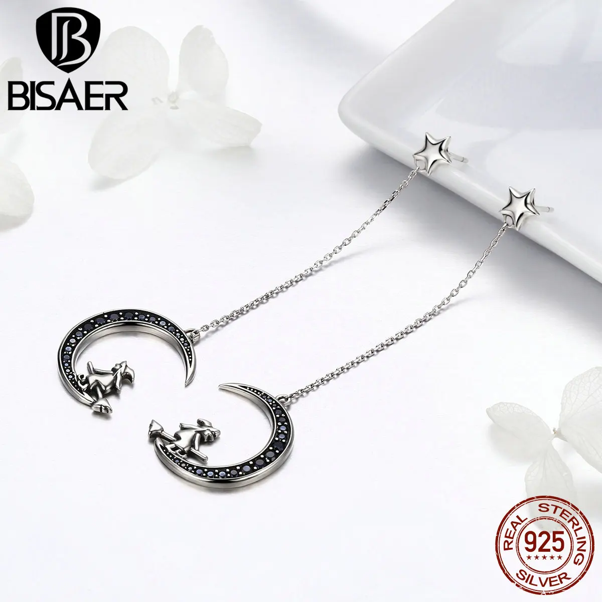 BISAER, настоящее 925 пробы, серебряная Длинная цепочка, ведьма в черном CZ Луне, серьги-гвоздики для женщин, хорошее серебряное ювелирное изделие, Brincos GXE287