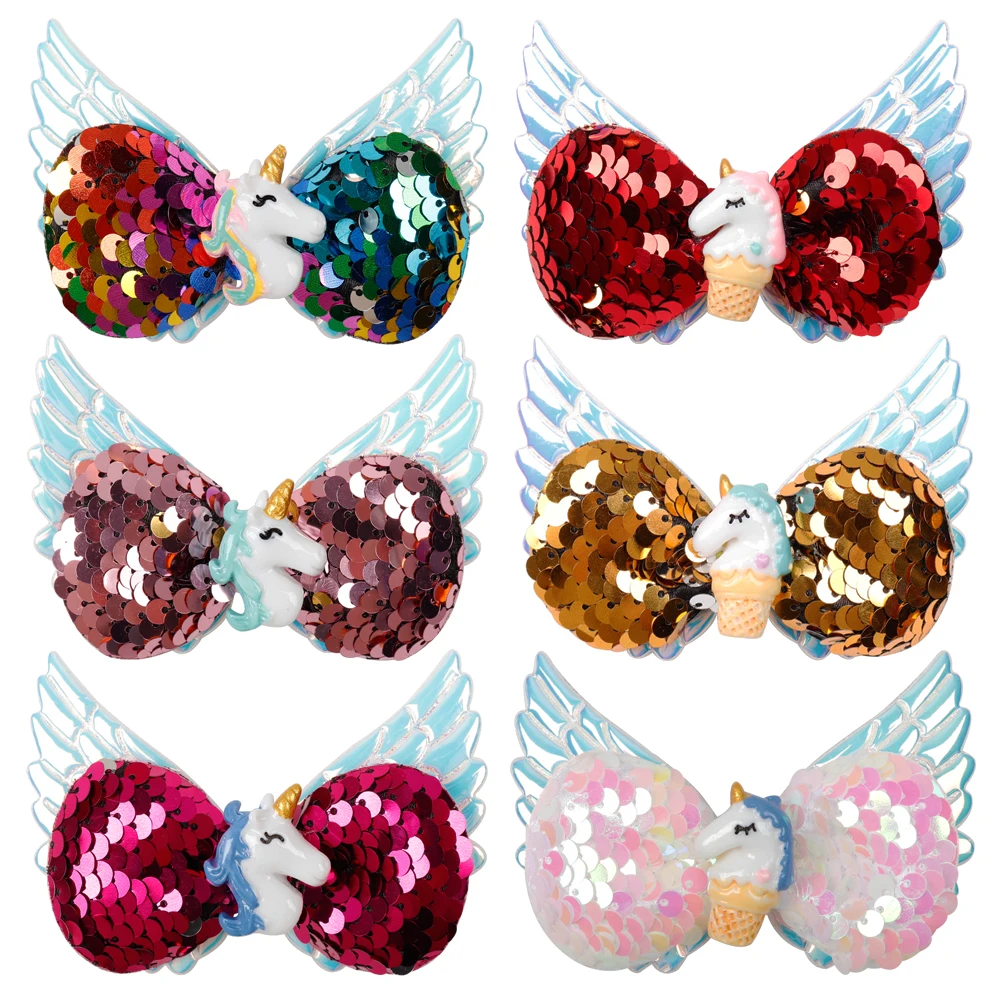 

ncmama Sequin Hairgrips Hair Bows Girls Wings Reversible Barrettes With Resin Unicorn Bowknot Hair Bows Kids Hair Accessories