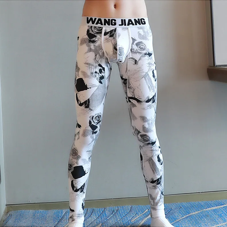 WANGJIANG Термальность брюки Для мужчин сексуальная Чехол кальсоны леггинсы модал Для мужчин s термо белье Плавки зимние мужские Леггинсы белье брюки - Цвет: white flower