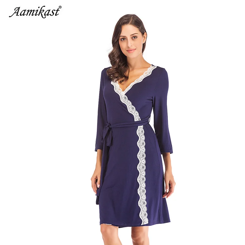 

2018 autumn and winter new home service belt women's pajamas loose V-neck long-sleeved simple female home service pajamas
