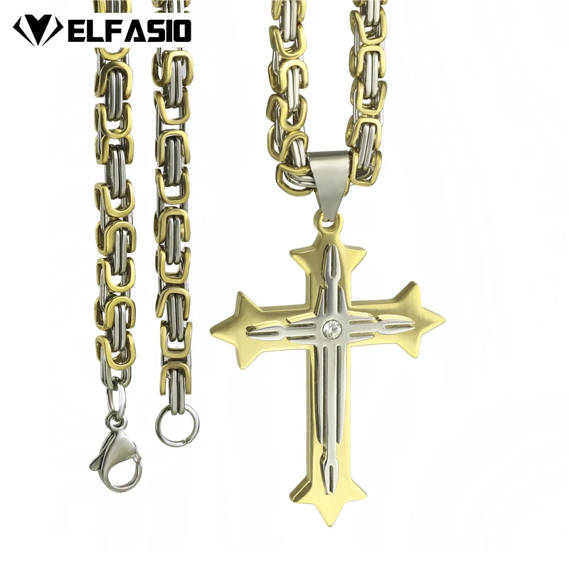 Цепочка Из Нержавеющей Стали Elfasio 3 слоя Рыцарский крест серебро золото черный