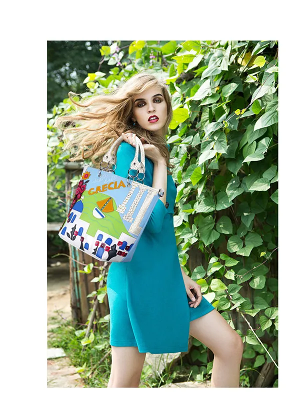 

2018 New Style Fashion Womens Patchwork Flower Leather Handbag Colorful Carton Painting Bucket Shoulder Bag Ladies Tote Bags