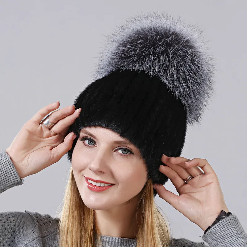 Winter New Style Hat For Women Natural Mink Fur Cap With High Quality Fox Fur On The Top Ladies' Skullies Hat Gourd Shape Cap