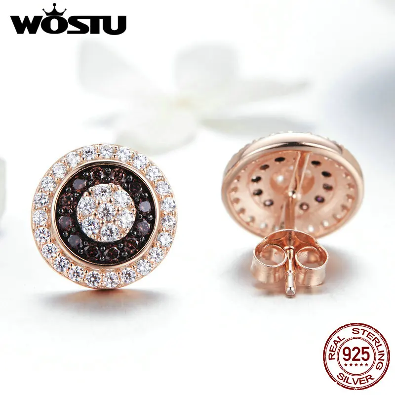 Женские круглые серьги-гвоздики WOSTU серебристые розовое золото 100% 925 пробы