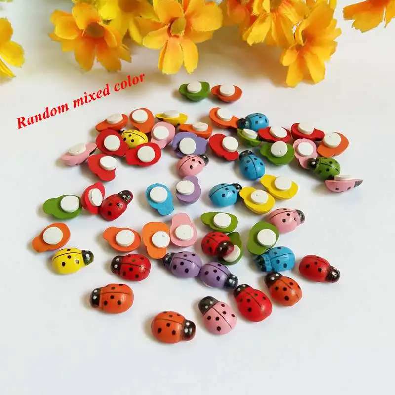 

100pcs/lot 9*13mm Mini Wooden Ladybugs Stickers Ladybug Self-Adhesive Cabochon Scrapbooking Decoration for Table and Wall