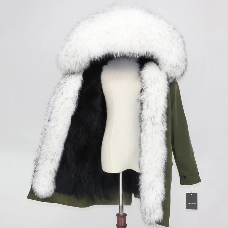 green black white OFTBUY пальто из натурального меха енота, капюшон из лисьего меха, зимняя куртка, Женская длинная парка, водонепроницаемая верхняя одежда - Цвет: green black white