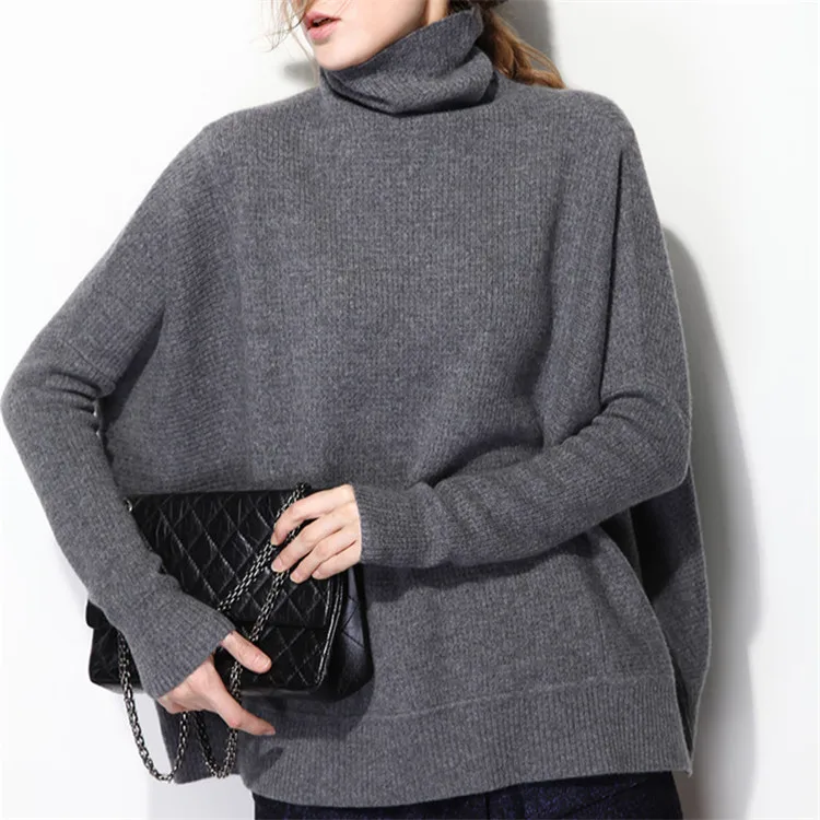 korean style pure cashmere knit women casual batwing sleeve turtleneck loose pullover sweater solid color S-L | Женская одежда