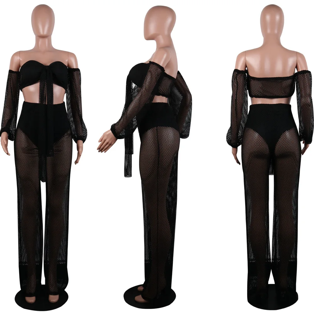 

Summer Cutout Wrapped Chest Lantern Sleeve Wide Leg Pants er jian tao Beachwear