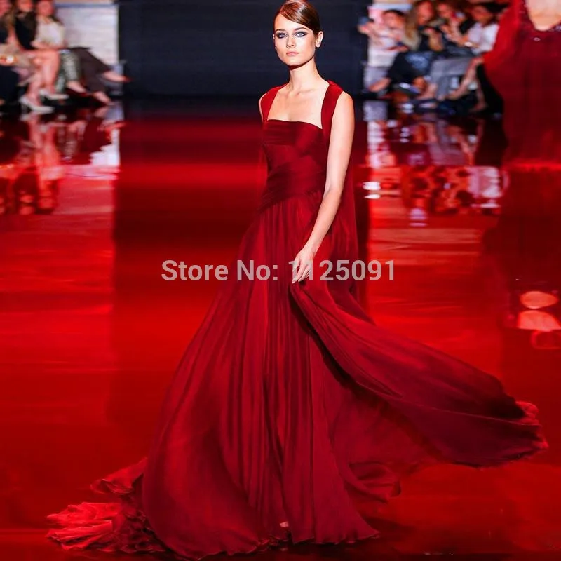 

Pleated Formal Party Gowns Flowing Chiffon Long Prom Gowns Burgundy Wine Celebrity Evening Dresses Custom Made