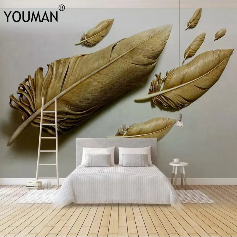 Обои YOUMAN на заказ фото обои живопись 3D рельефные золотые перья фон настенная