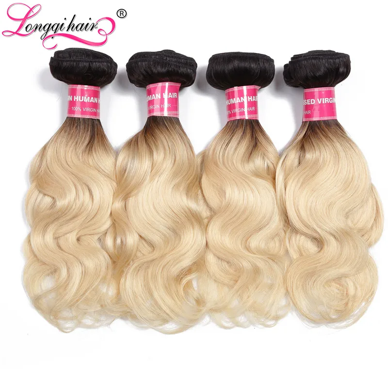Longqi hair T1B/613 Блондин тело волна с темные корни бразильские волосы 4 Комплект