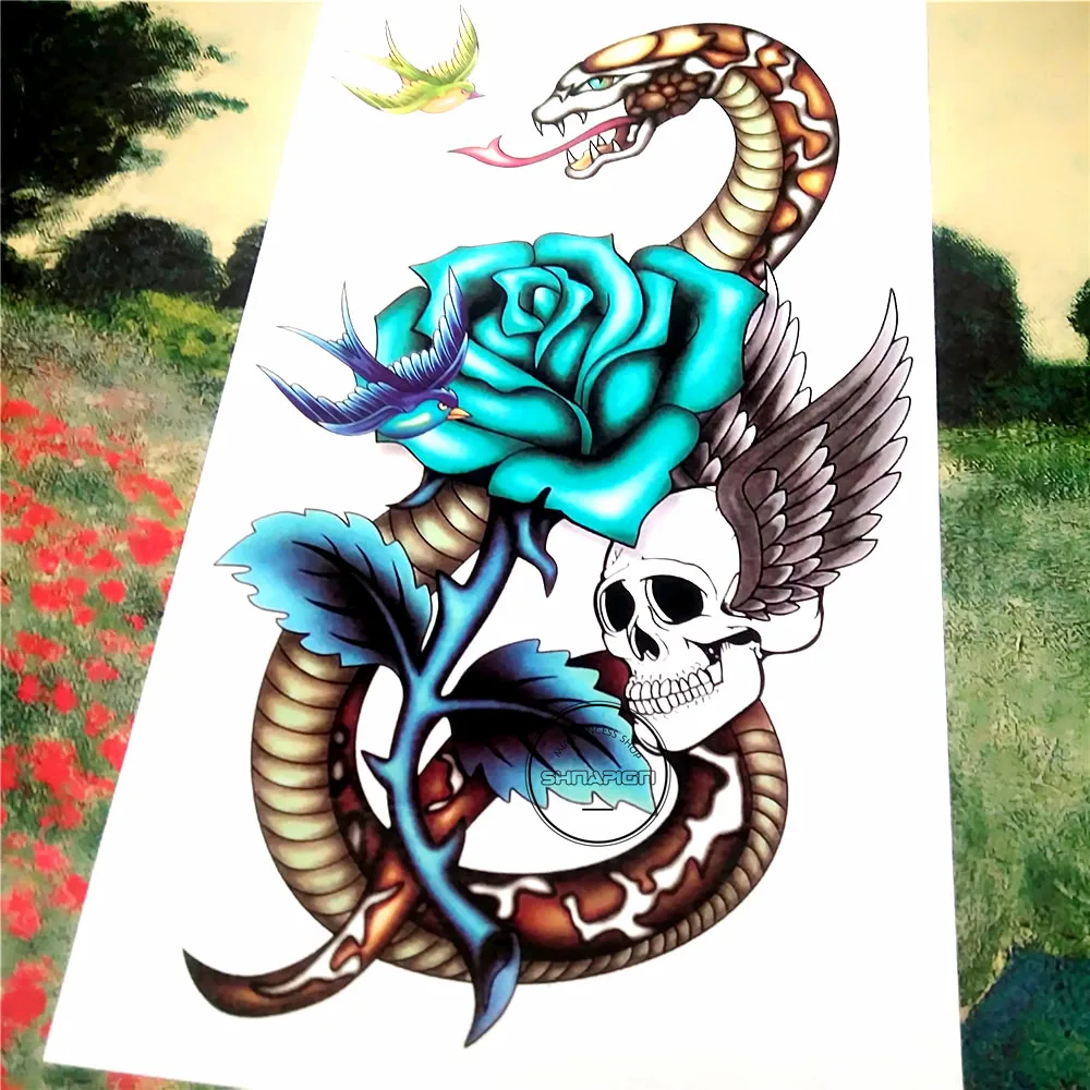 SHNAPIGN синяя Роза змея временная татуировка боди арт флэш стикер татуировки s 17*10 см