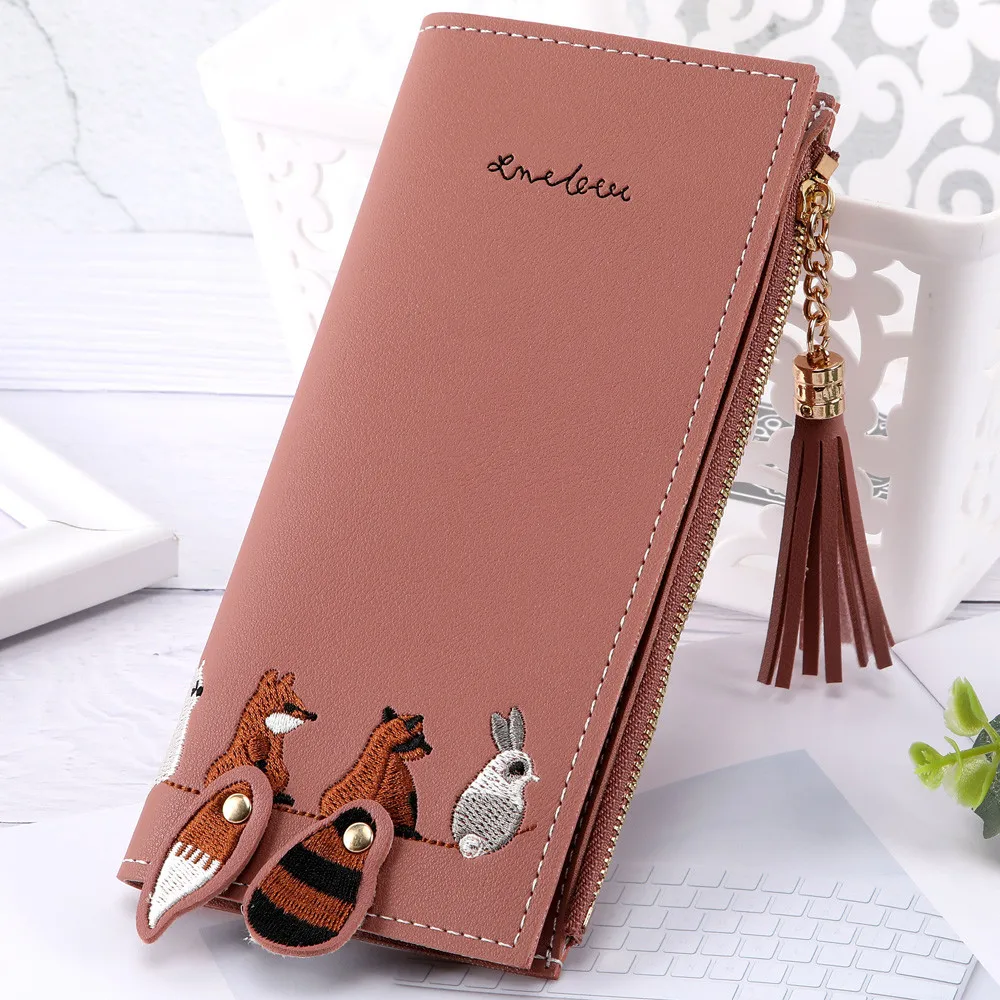 Женский Длинный клатч кошелек Transer модный милый с лисой и кошкой кисточками для