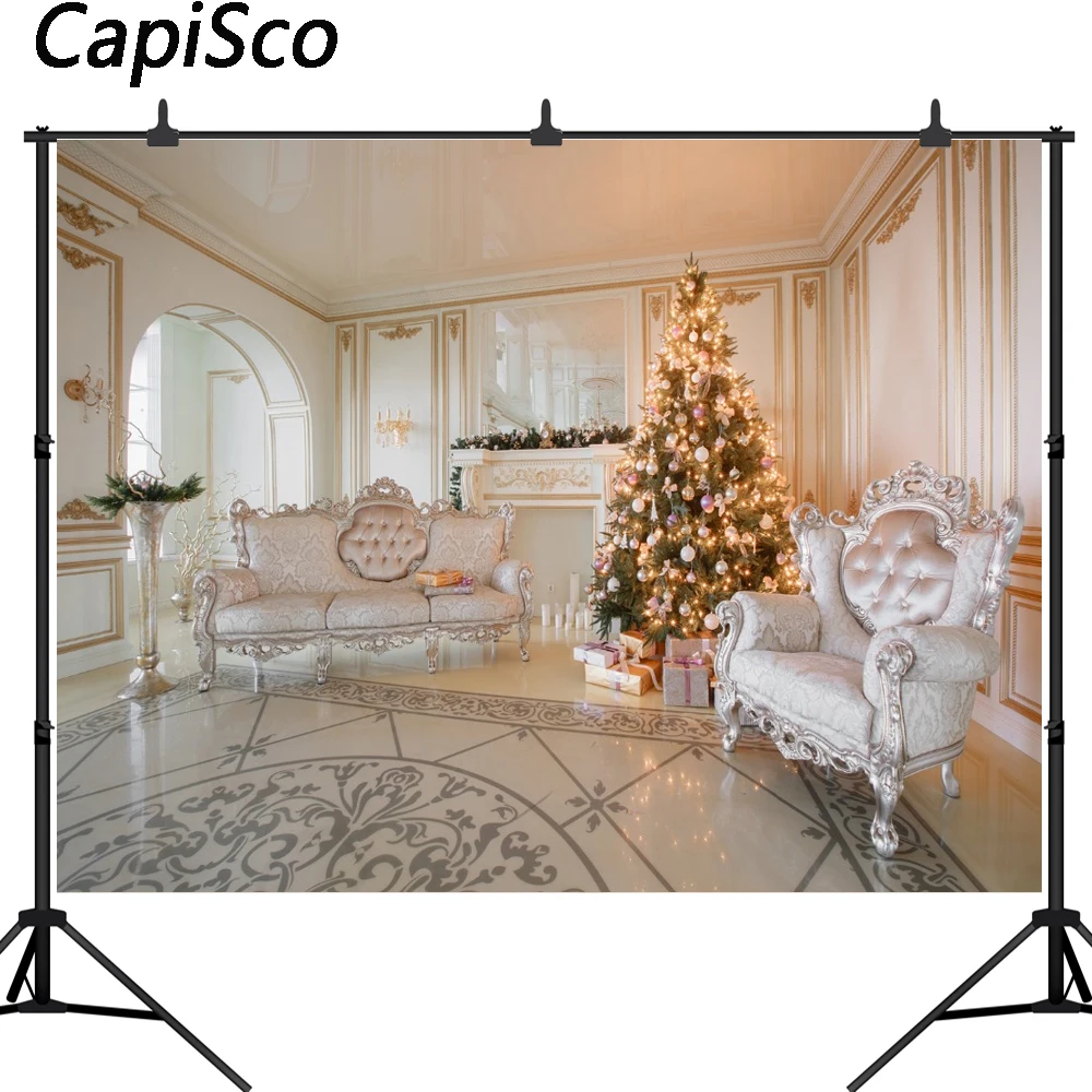 

Capisco Christmas Tree Armchair Luxurious Scene Baby Photography Backdrops Indoor Photographic Background Photo Studio