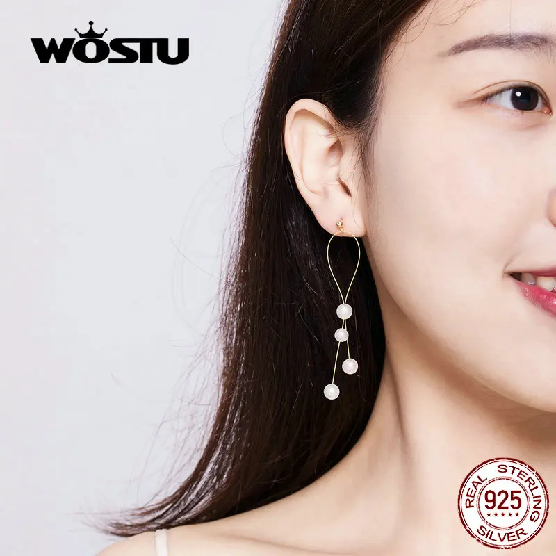 WOSTU 925 пробы Серебряные длинные золотые висячие серьги с пресноводным жемчугом для женщин Свадебные висячие серьги 925 ювелирные изделия CQE615