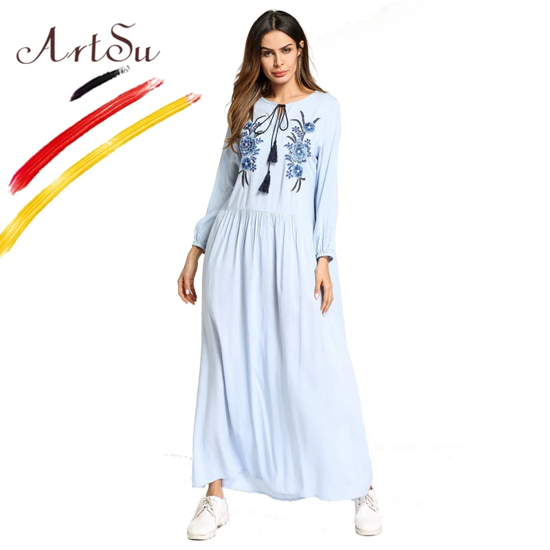 ArtSu PlusSize женское платье 2018 Ретро этнический цветок вышивка повседневное длинное