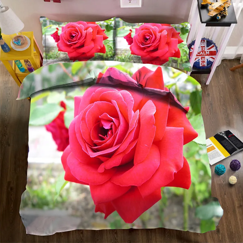 

New 4Pcs 3D Bedding Set red rose Bed Linens with Super King size Duvet Cover Bed Sheet Pillowcase