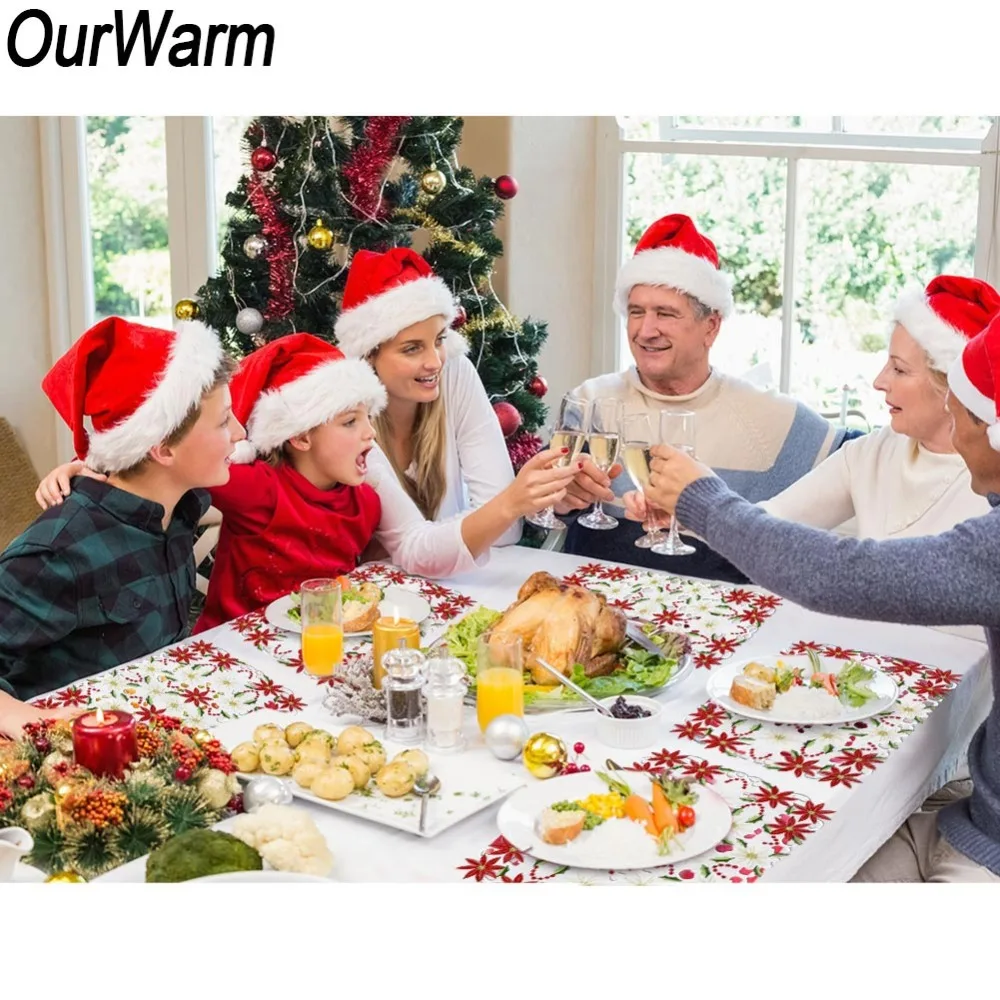 OurWarm 2 шт./компл. красные с вышивкой рождественские цветочные салфетки украшение