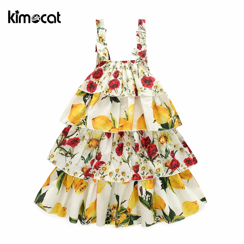 

Kimocat Baby Girls Dress Summer Beach Style Floral Lemon fruit Print Backless Layered Dress Cute Sleeveless Kids Girls