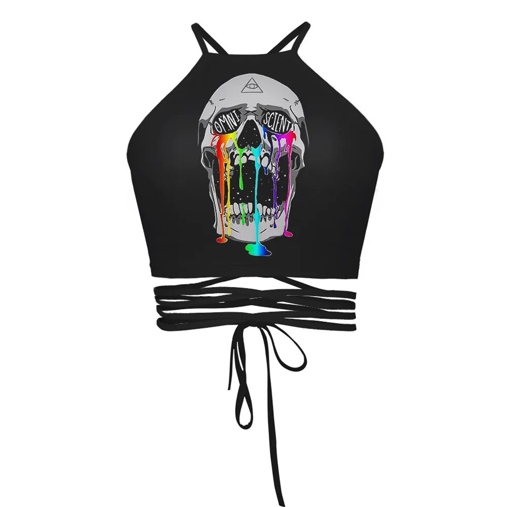 2019 summer women's print terrorist skulls ladies sexy causal strappy halter bandage midriff crop camis tops for girls sun-top | Женская