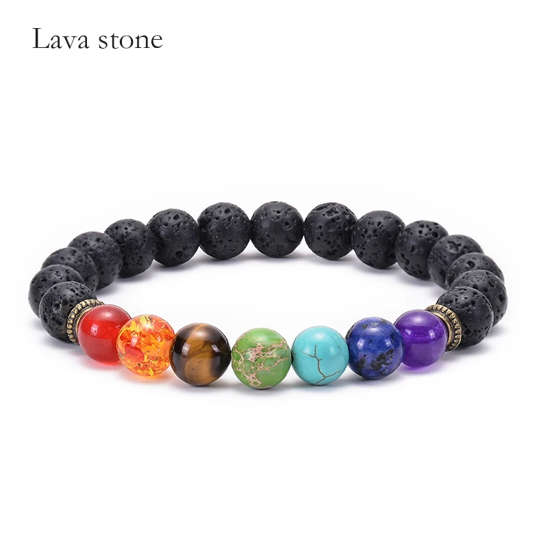 Lava stone HIYONY 7 Чакра браслет мужской черный матовый Лава Исцеление баланс бусины рейки Будда молитва браслет для йоги из натуральных камней для женщин - Окраска металла: Lava stone