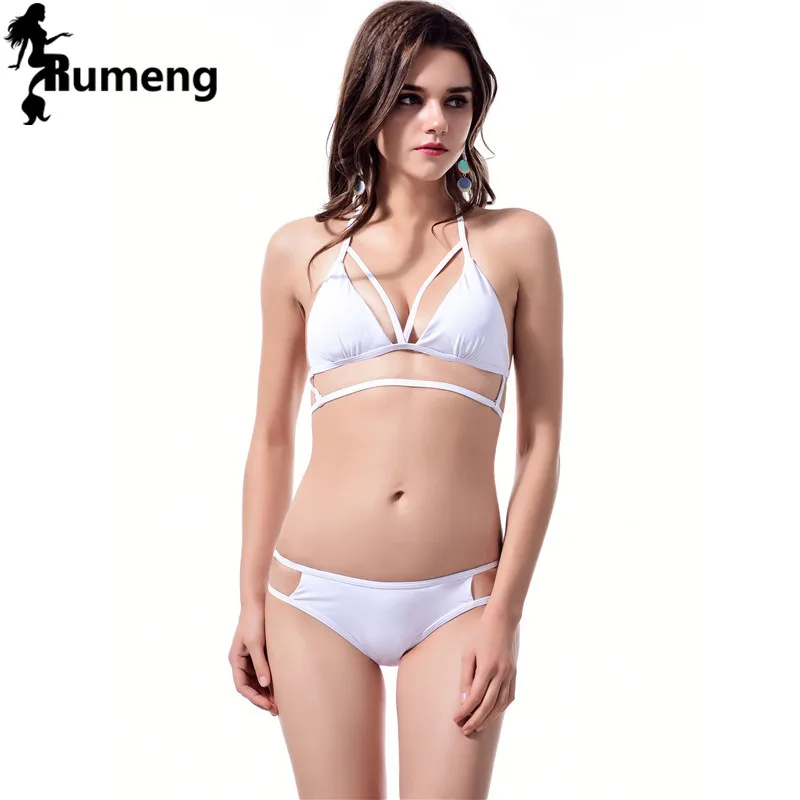 

RUMENG 2018 однотонный комплект бикини сексуальный купальник купальный костюм с вырезами женский бикини пуш-ап белый